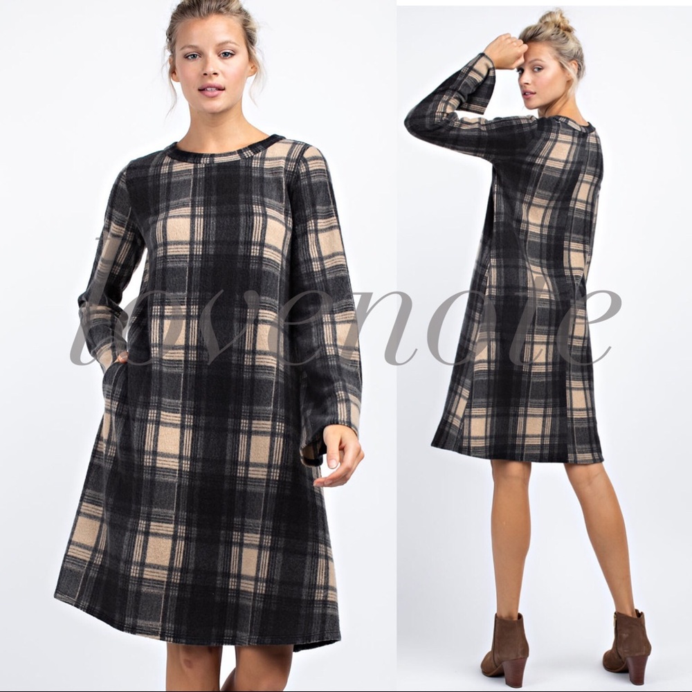 Softest Brushed Plaid Long Sleeve Dress Pockets - Picture 2 of 7
